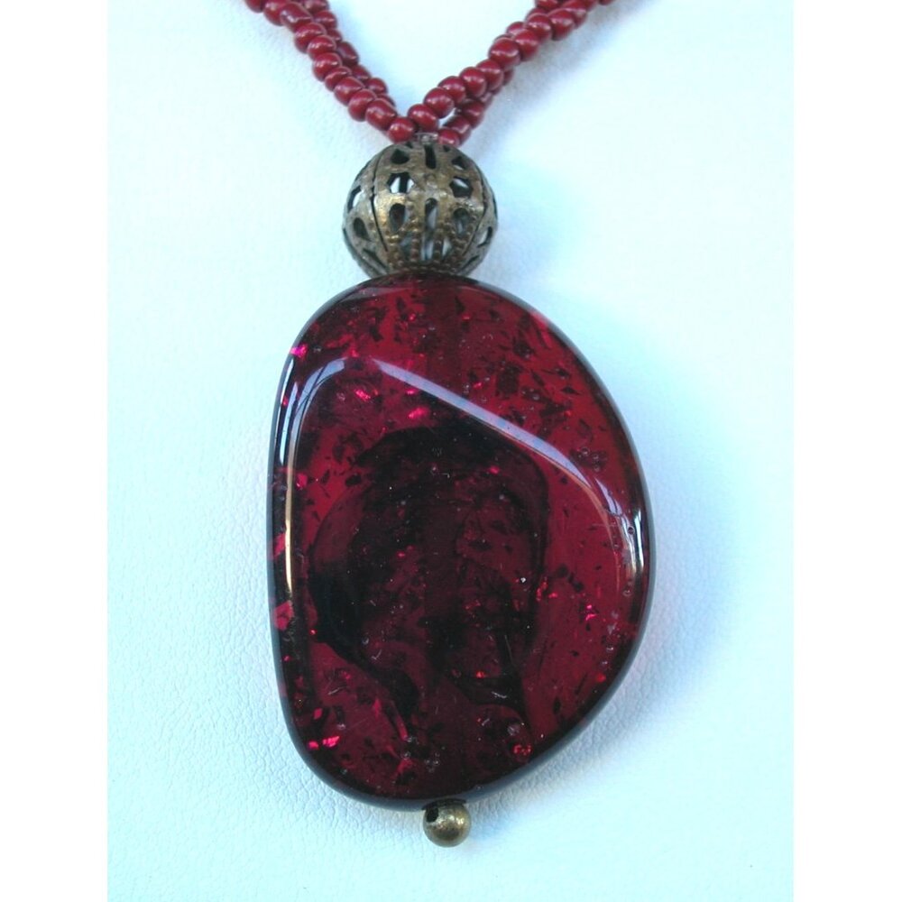 Dark Red Pendant Necklace With Wine-Colored Seed Beads & 36" Length